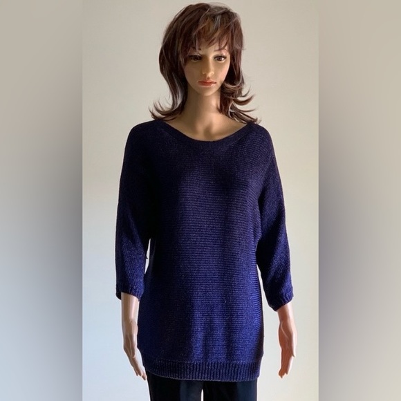 🔷CHICO'S Gorgeous Metallic Electric Blue tight knit 3/4 Sleeves Sweater Large